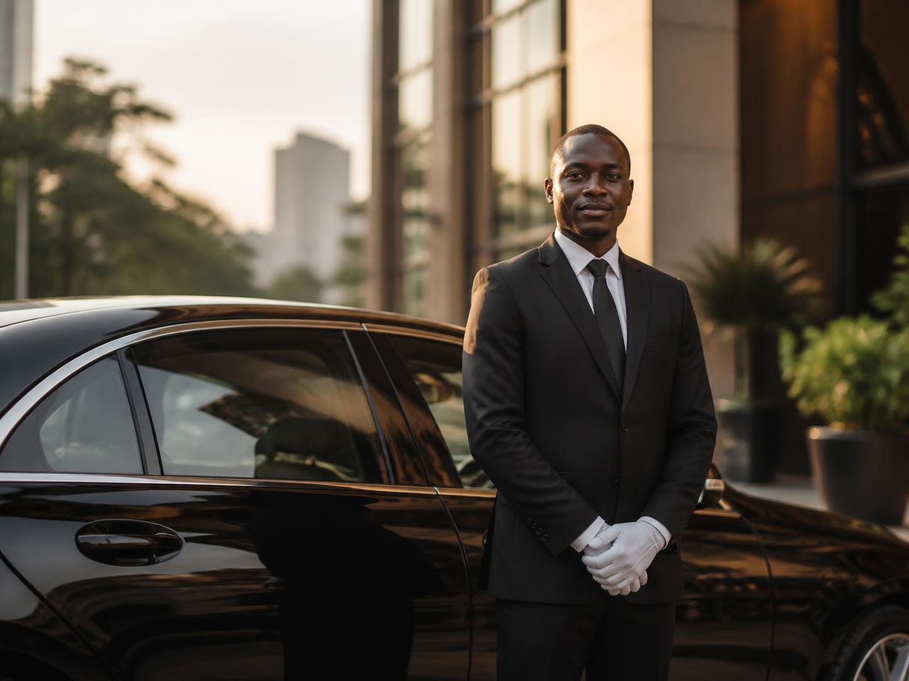 Chauffeur noir africain en costume noir avec gants blancs, debout à côté d'une berline premium